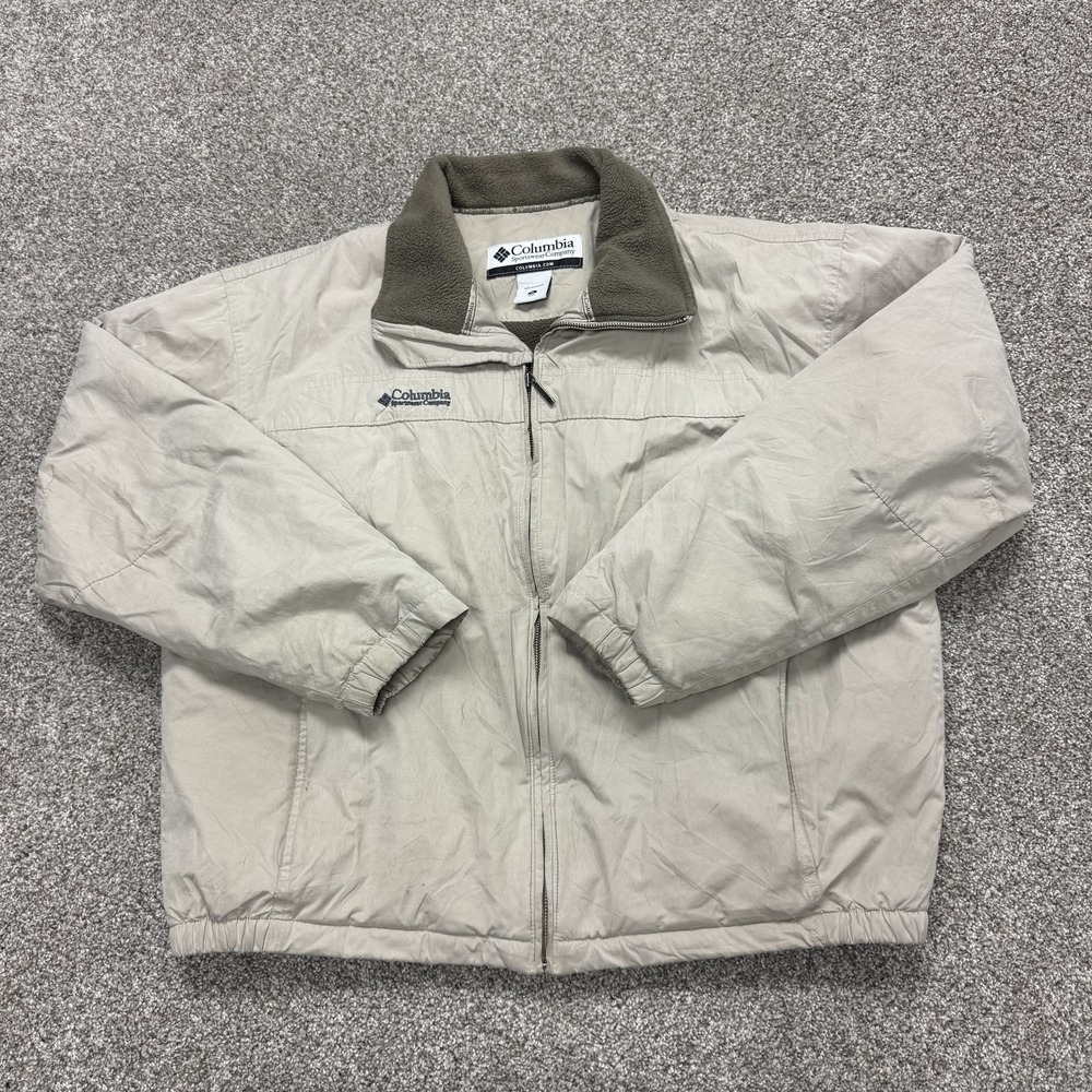 Columbia Jacket Mens XL Beige Fleece Lined Full Zip Outdoor Hiking Windbreaker